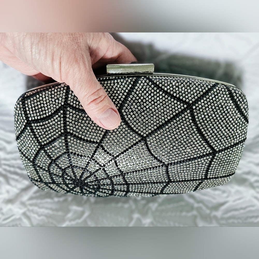NWT Goth Glam Rhinestone Spiderweb Hardcase Evening Clutch with Black Satin Back